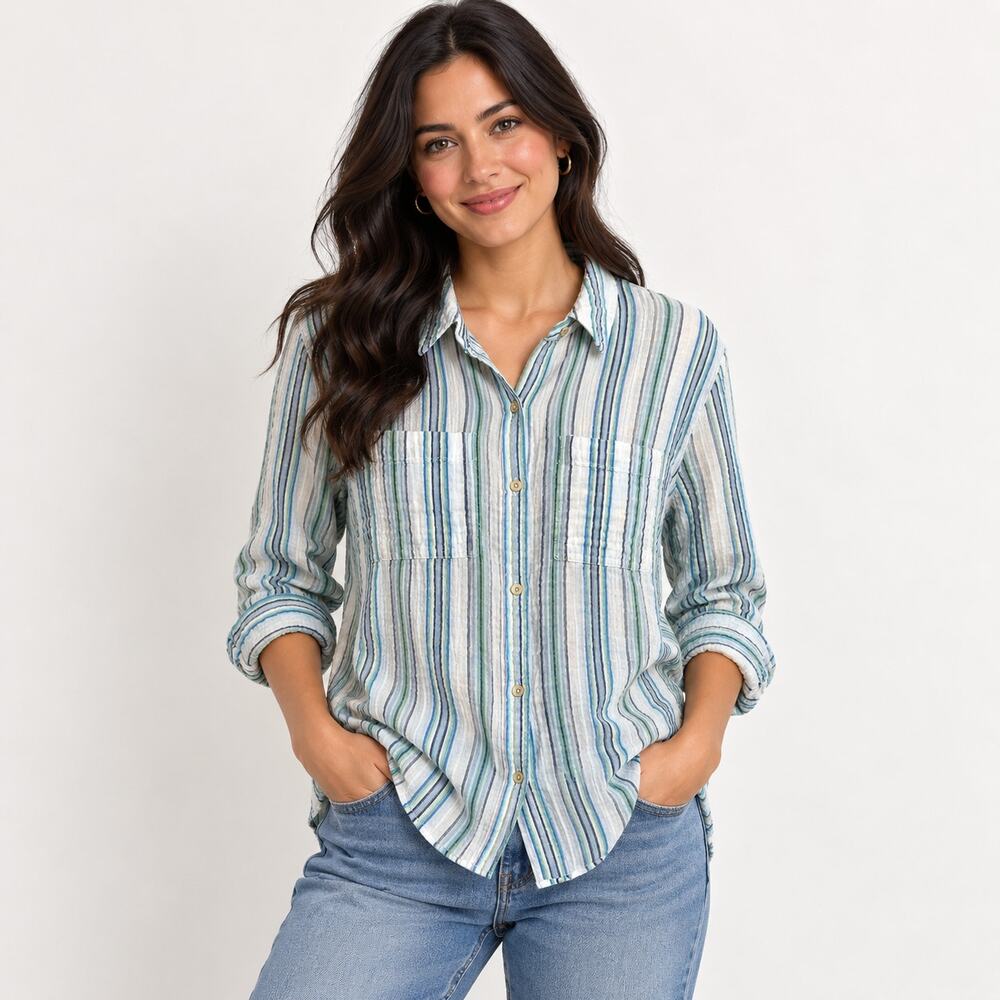 L.L Bean blue white striped cotton gauze button up shirt Large Beachy